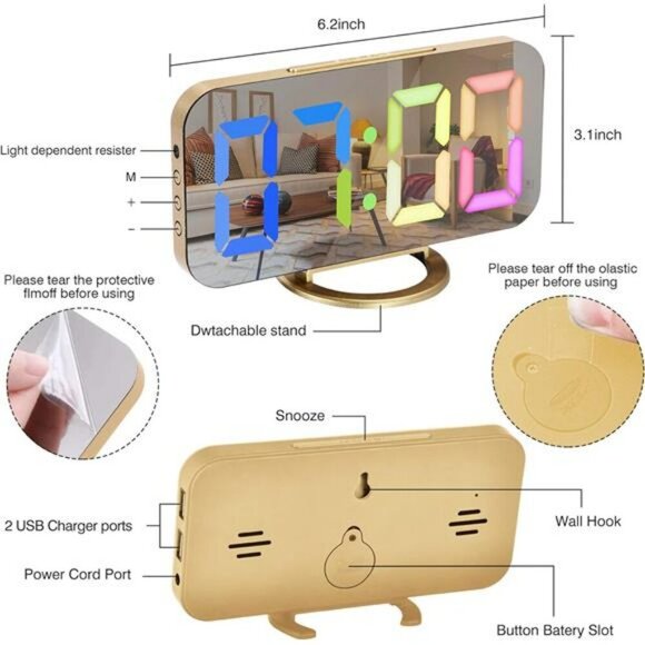 LED Digital Mirror Clock Large Display USB Charger Desk Wall Alarm Bedroom - Picture 7 of 8